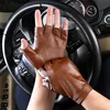 Men Sheepskin Gloves Retro Genuine Leather Fingerless Gloves Driving Cycling Motorcycle Unlined Half Finger Gloves 5