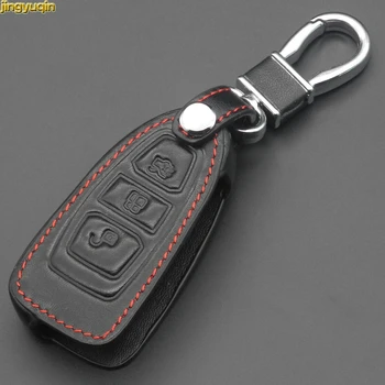 

jingyuqin 3 Buttons Leather Smart Car Key Cover For Ford Mondeo Mk4 Focus 2 3 4 St Kuga Fiesta Fusion Ecosport 2012 2013 2014