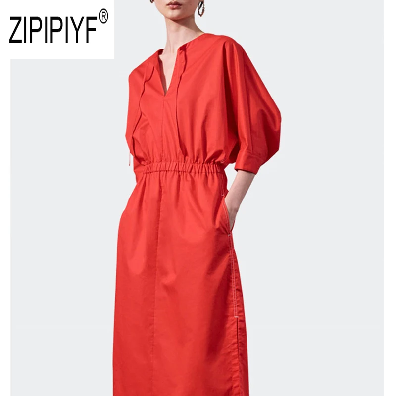 

2019 Autumn Plus Size Women Dresses V Neck Three Quarter Sleeve A-Line Pockets Casual Dresses Vintage Office Lady Dresses Z2631