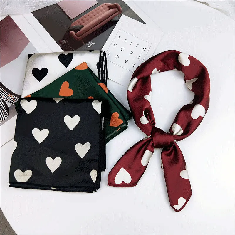 

60*60cm Women Square Silk Scarf Pure Color Heart Dot Print Foulard Female Stylish Silky Satin Head Scarf Women Neckerchief
