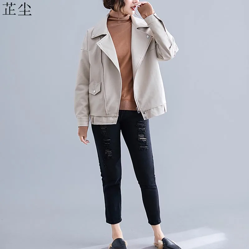 

Women Leather Jacket Long Sleeve Plus Size Short PU Faux Leather Coat 2019 Autumn Winter New Loose Zipper Coat Jacket Female 4XL