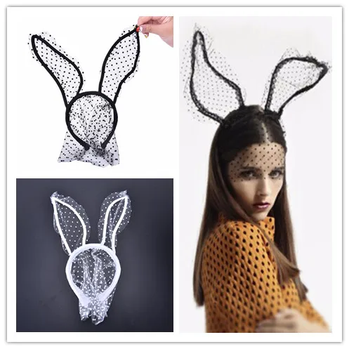 Rabbit Ear Headbands Women Lace Hair Band Novelty Black Eye Hair Accessories Bunny Ears Veil Halloween Hair Styling Tool