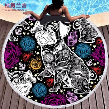 

GRIDILANGO Traditional Tattoo Flash Bulldog Round Beach Towels Microfiber Tassel Vintage Style Bath Towel Swimming Quickly Dry