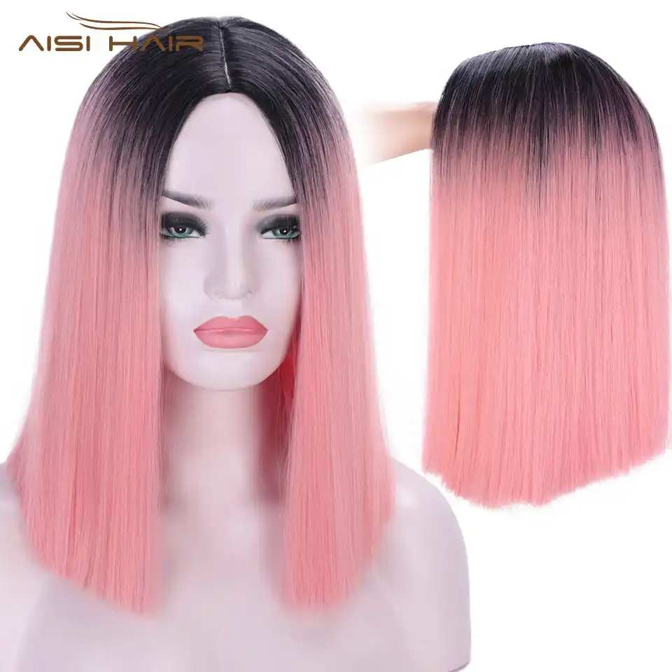 I S A Wig Ombre Pink Wig Short Straight Synthetic Wigs Blonde