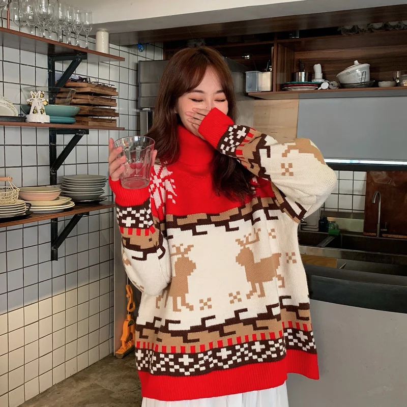 Christmas Red Sweater for Women Ins Trendy Autumn and Winter 2021 Korean Style Loose Outer Wear Idle Turtleneck Very Fairy | Женская