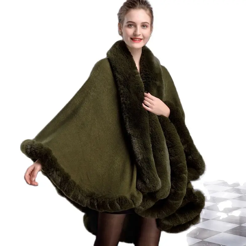 

Z889 Luxury Large Hairy Collar Cloak Autumn and Winter Imitation Rex Rabbit Hair Shawl Womens Ponchos