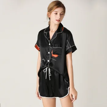 

Summer New Women Pajamas Sets Satin 2CPS Sleepwear Female Silky Shirt&Shorts Casual Pyjamas Suit Loose Home Clothes