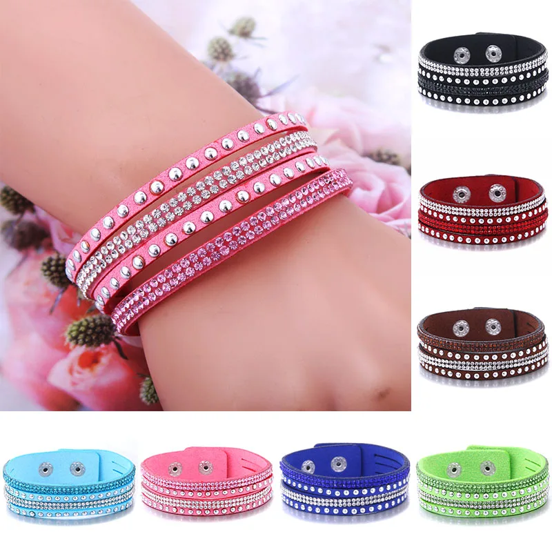 

Fashion Jewelry Black Crystal Rivet Leather Bracelets Women Bangles Trendy Brand Rhinestone Classic Girls Charm Bracelets.