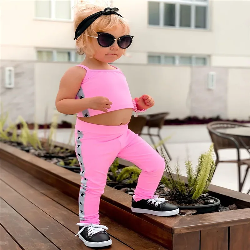 

2020 Sports Tracksuit Kids Clothes Star Print Striped Sets Summer Sleeveless Top + Sport Long Pants Casual Two Pieces Set 6M-5T
