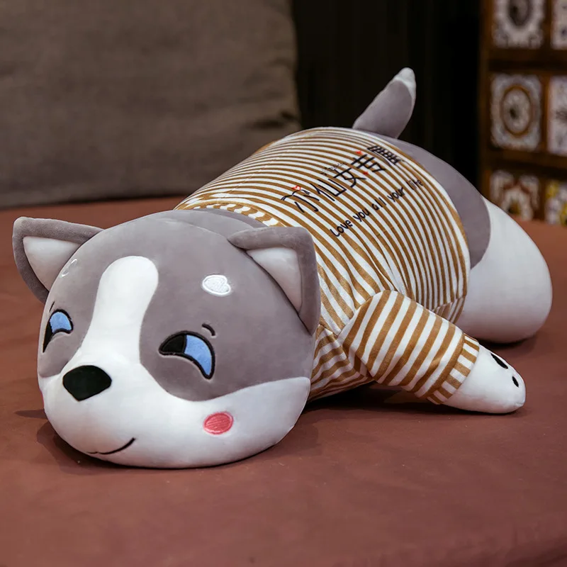 thumbnail image 1 of Muñeco de peluche de Husky de 80cm/100cm, ropa a rayas, juguete de peluche suave de Husky tumbado, animales de perro gris/Negro, regalo de cumpleaños para niños, 1 of 5