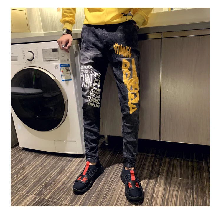 Г. Весенне-осенние новые модные мужские черные джинсы с буквенным принтом узкие модные цветные эластичные штаны 29-34