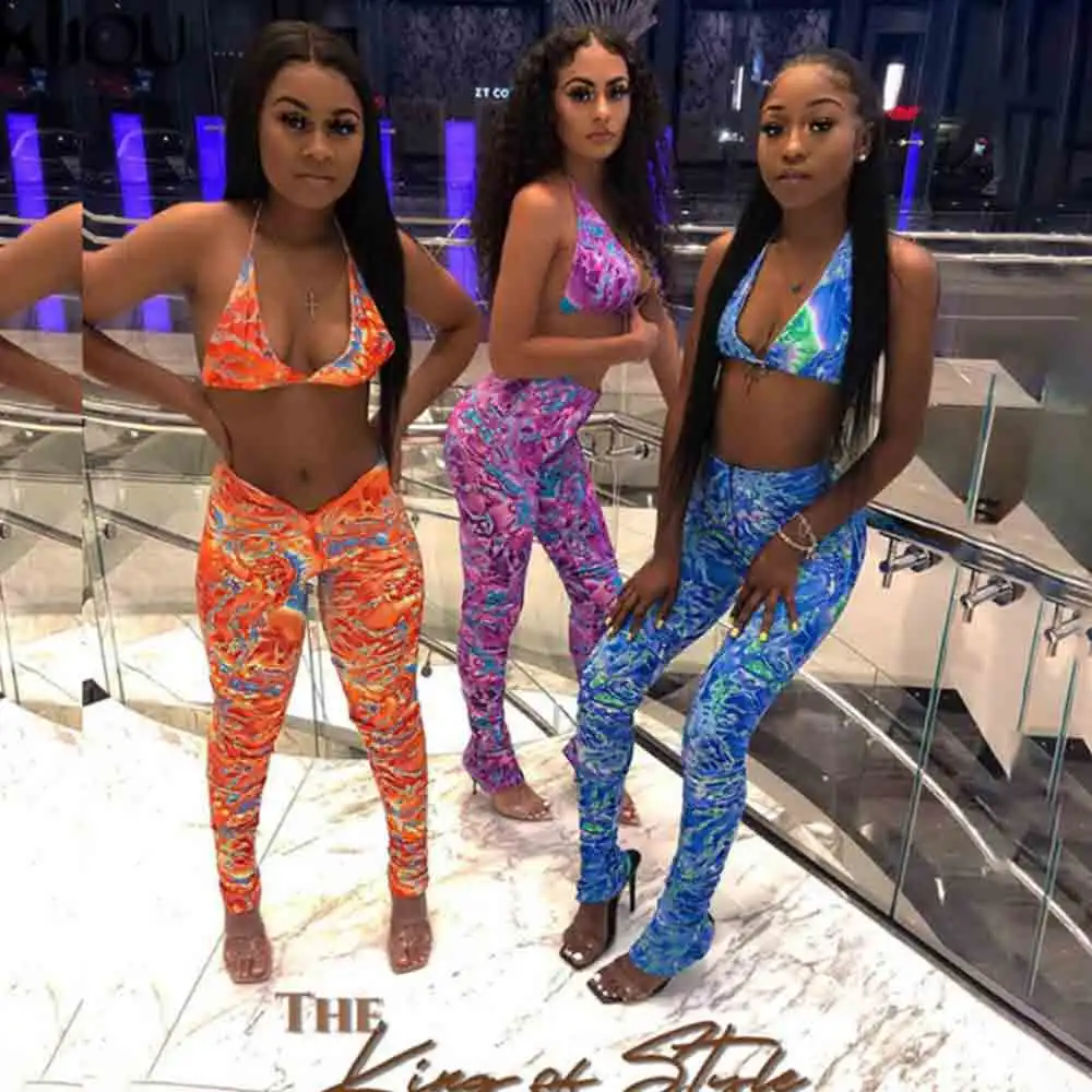 

Printed Bodycon Two Piece Sets Women 2020 Streetwear Fashion Skinny Sexy Sleeveless Halter And Zipper Pants Co-ord Outfits