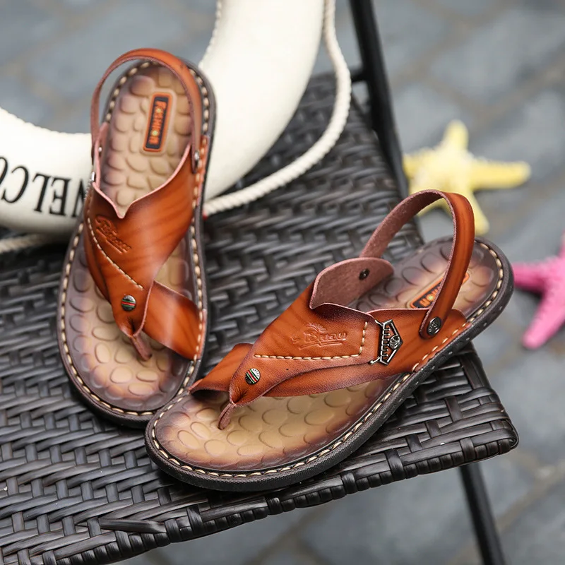 

Luxury Slippers Men Summer Korean-style Flip Flops Peep-Toe Cowhide Genuine Leather Slippers Fashion Shoes Beach Soft-Sole