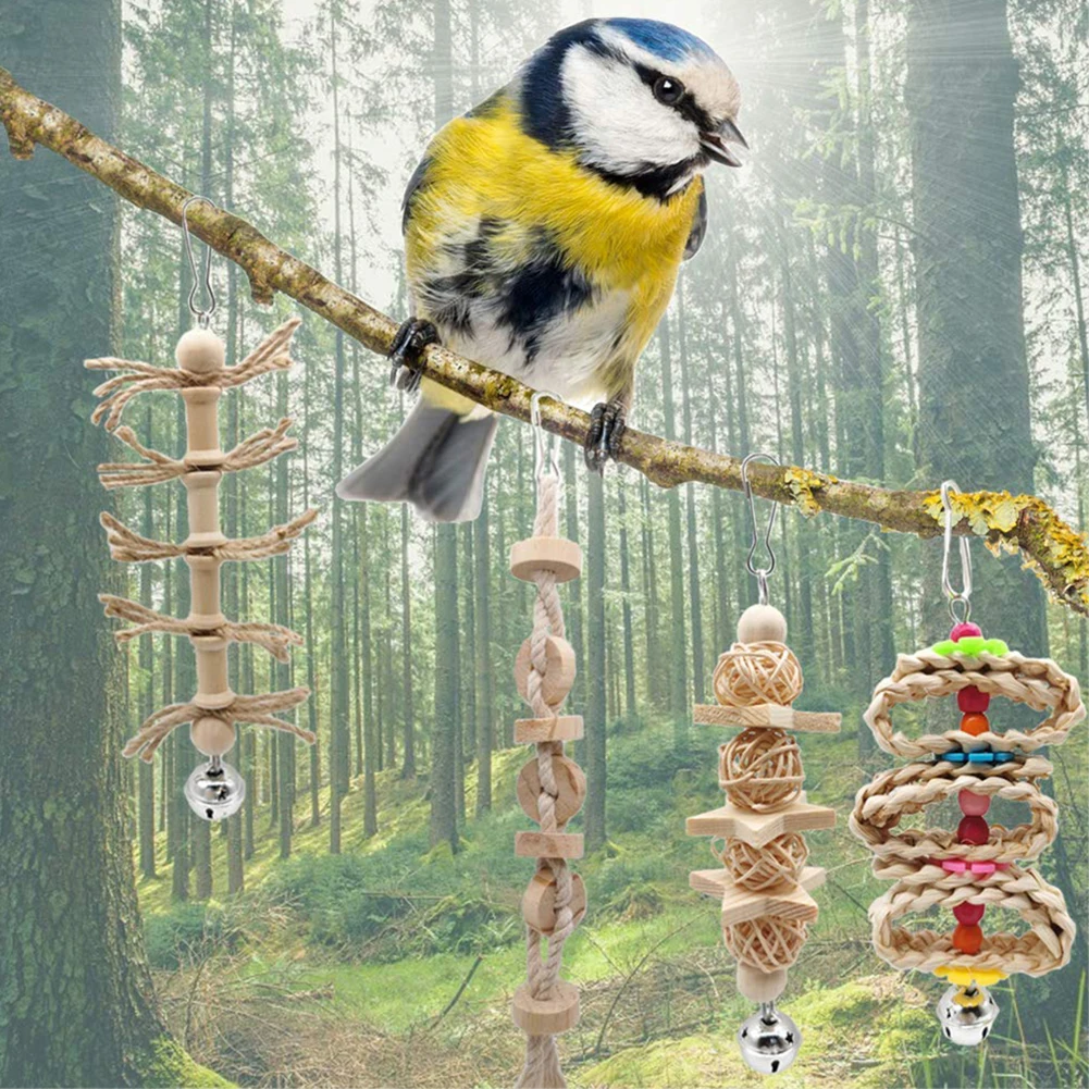 8 шт. Pet Bird Parrot деревянный шар из бисера колокольчики веревка Подвесные качели клетки жевательная игрушка для укуса