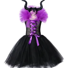 Maleficent/платье-пачка «злая королева» для девочек с рогами, костюм ведьмы для косплея для девочек, детское праздничное платье, детская одежда
