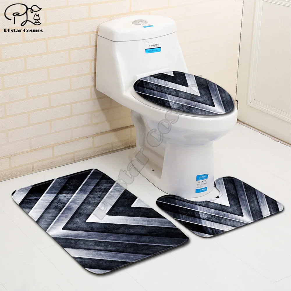 Golden metal solid color pattern 3D printed Bathroom Pedestal Rug Lid Toilet Cover Bath Mat Set style-3