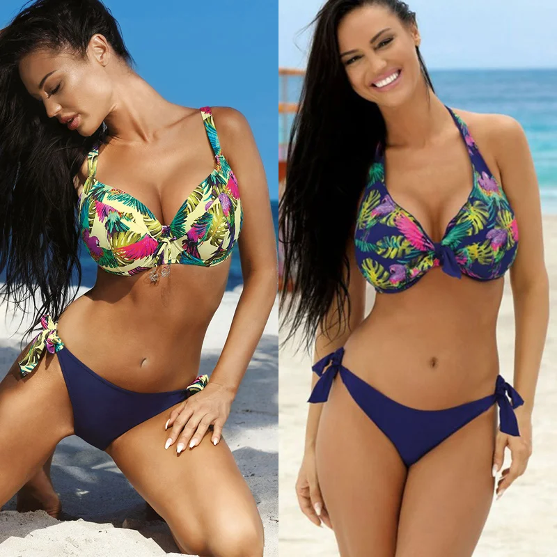 

Rinabe Push Up Bikini Floral Print Swimsuit Plus Size Swimwear Feamle Bandage Bikini Set Leaves Bathing Suit Women Bikinis 2020