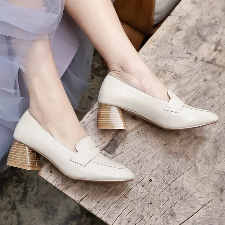 

[High-End Pqs8-3 Nappa Leather WOMEN'S Shoes] Spring And Autumn New Style Square Head Semi-high Heeled Chunky-Heel Shoes