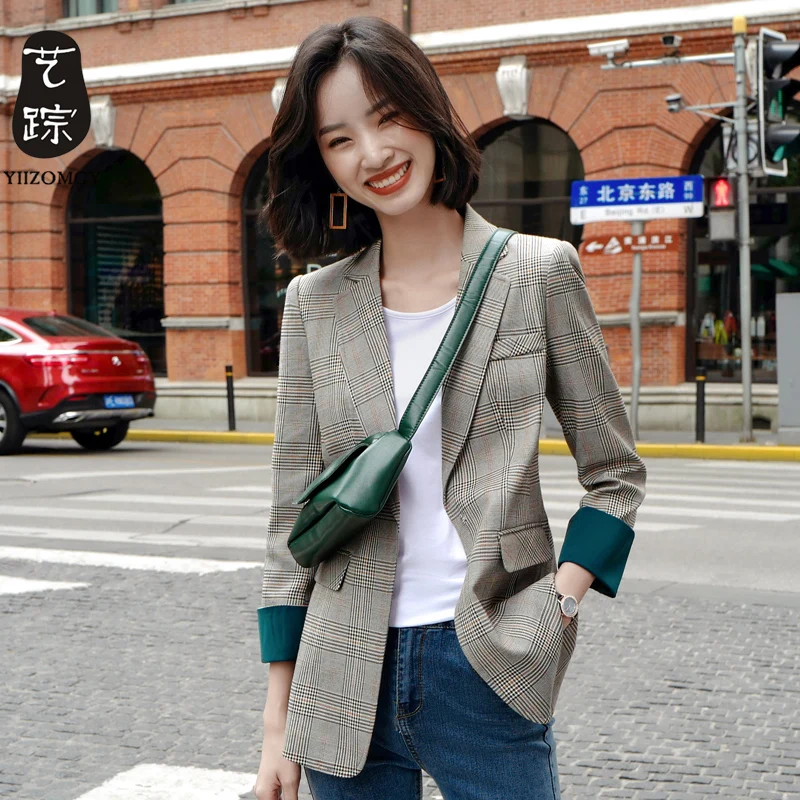 

Plaid Vintage Ladies Blazer Casual Gray Simple Suit Jacket Loose Long Sleeve Bleyser Mujer Korean Spring Women Jacket MM60NXZ