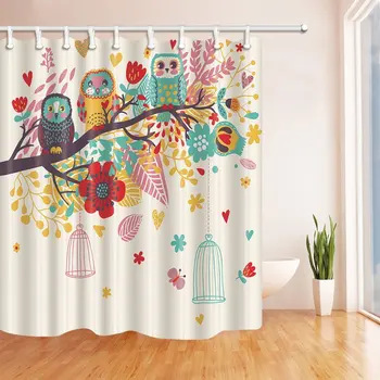 

Vector Animals Decor Colorful Owl Stand on The Trees with Birdcage Shower Curtain Resistant Polyester Fabric Bathroom Bath