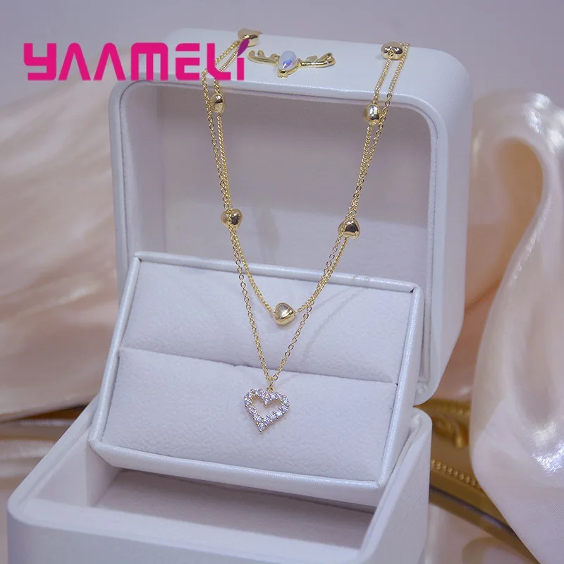 

925 Sterling Silver Cute Heart Gold Necklace For Women Girls CZ Crystal Fashion Jewelry Valentines Day Gift Wholesale
