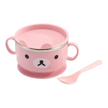 

Baby Feeding Suction With Lid Spill Proof Stay Put Anti-scald New Stainless Steel Kids Insulation Bowls Spoon Set Solid Feeding#