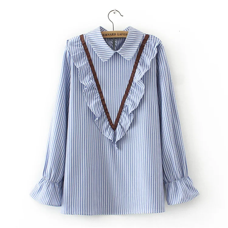 

Lente Vrouw Tops Shirt Mode Peter pan Kraag Lange Mouw Streep Casual Blouse
