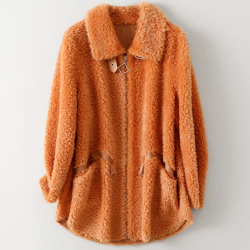 

Fashion Wool Sheep Shearer Coat for Women Autumn Winter Fashion New Fur Jacket Casual Medium Length Orange Loose Outwear