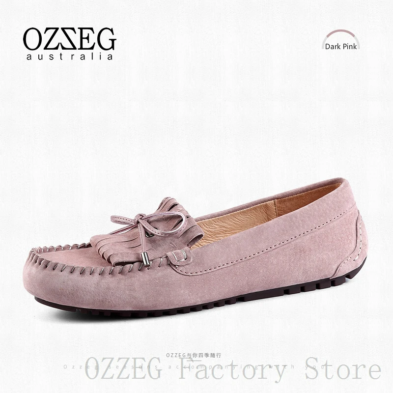 OZZEG; Роскошная брендовая дизайнерская обувь; женская зимняя обувь из натуральной кожи на плоской подошве; австралийская подкладка из натуральной овечьей шерсти; лоферы; женская обувь с бахромой - Цвет: Dark Pink Leather