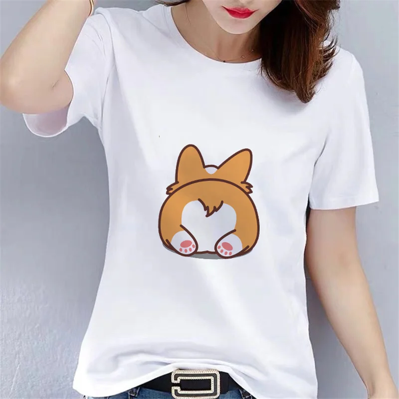

New Femal Tshirt Cartoon Top Tees Corgi Patterned Kawaii T Shirt Women Harajuku Short Sleeve Causal T-shirts