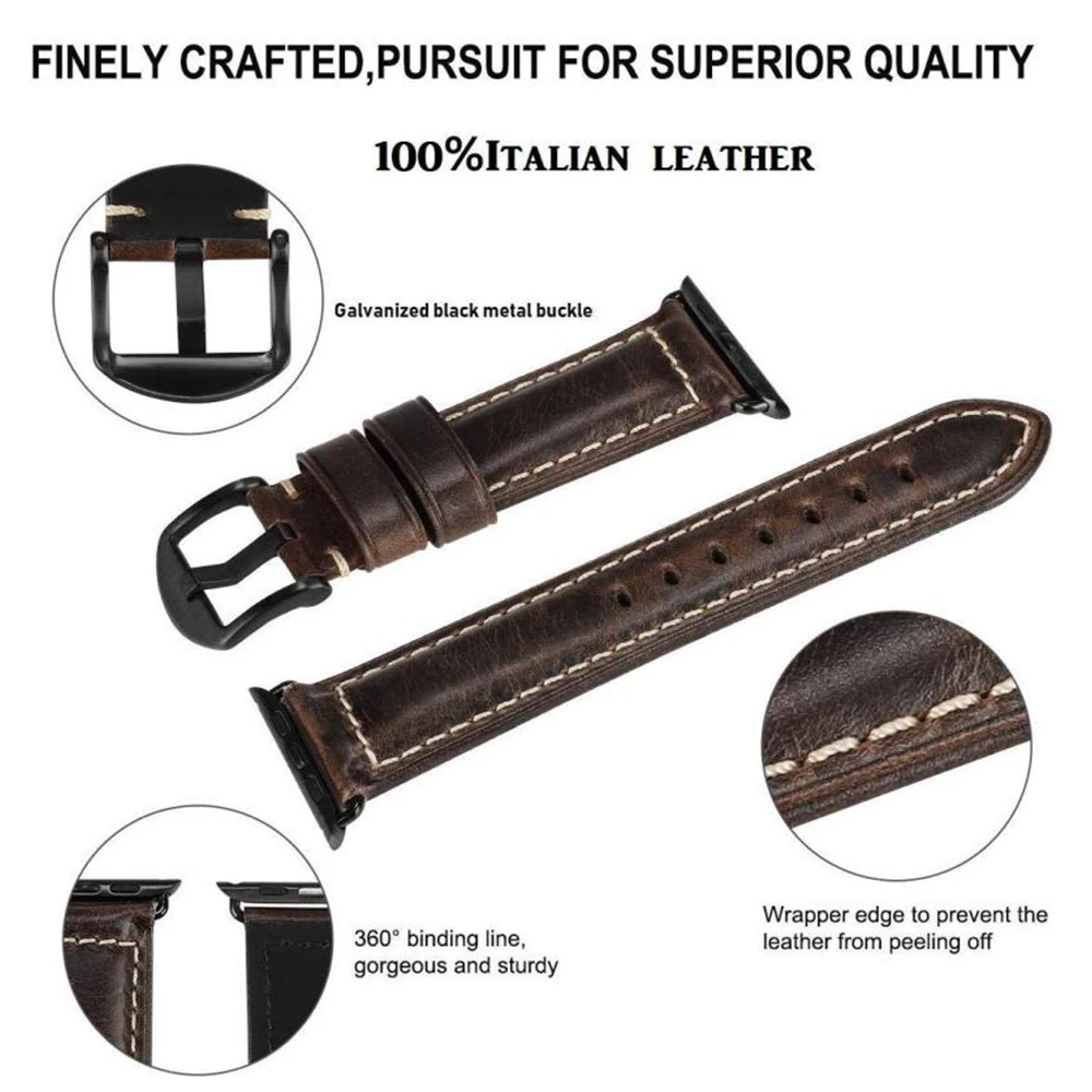 

For Apple Watch Band 42mm 44mm 40mm 38mm Top Grain Leather Band Replacement Strap for Apple Watch Series 6/5/ 4/ 3 /SE New Retro