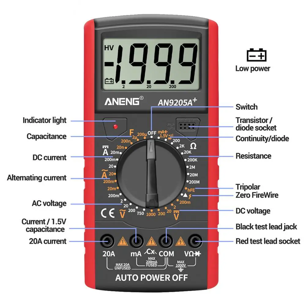 Цифровой Стандартный тестер Aneng An9205a + True rms Автомобильный Электрический