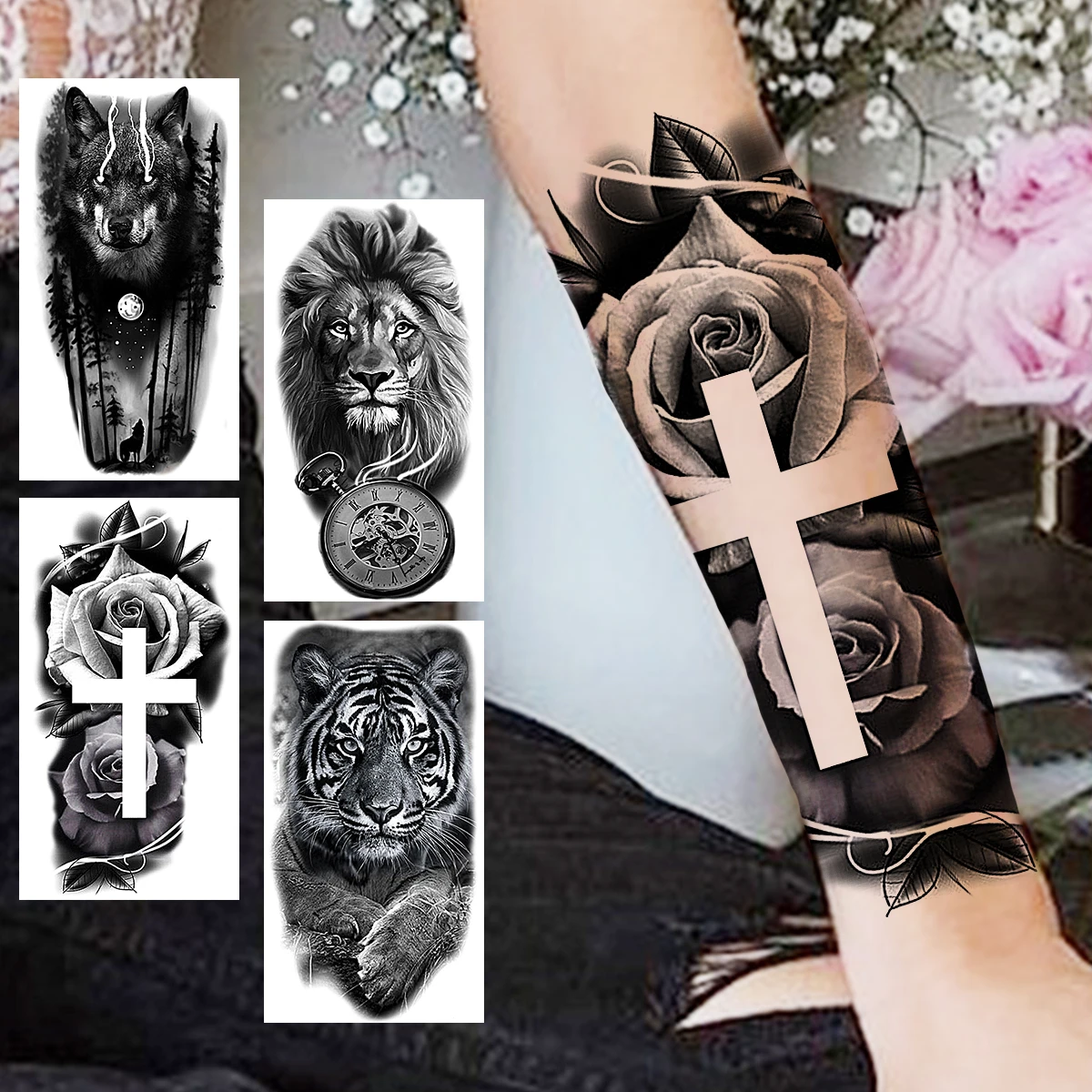 Tatouage Croix Femme Avant Bras Faux Tatouages Temporaires Pour Femmes Adultes, Autocollant Réaliste Lion  Loup Forêt Tigre, Fleur De Croix Rose Noire, Faux Tatouage Pour Avant-bras  - Temporaire Tatouages - AliExpress