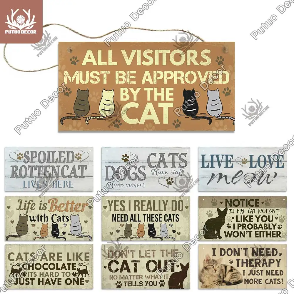 Putuo Decor Cat Wooden Sign Pet Tag Cat Accessorise Lovely Friendship Animal Sign Hanging Plaques for Crafts Home Decoration 1