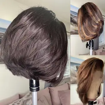 

Short Blunt Cut Bob 150 Density 13x6 Lace Front Human Hair Wig Pre Plucked Brazilian Remy Straight Ombre Colored Highlight Wig