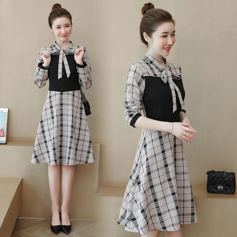 

Large Size Dress Large GIRL'S 2019 Early Autumn New Style Slimming Elegant Western Style Plaid Dress