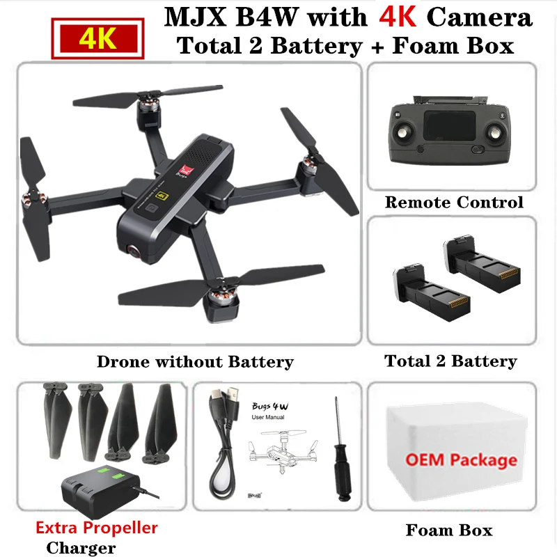 MJX B4W RC Drone GPS Drones with 5G WiFi 4K HD Camera Anti-Shake SD card GPS Optical Flow Follow Brushless Quadcopter VS X12 F11 - Цвет: Black 2B Foam Box