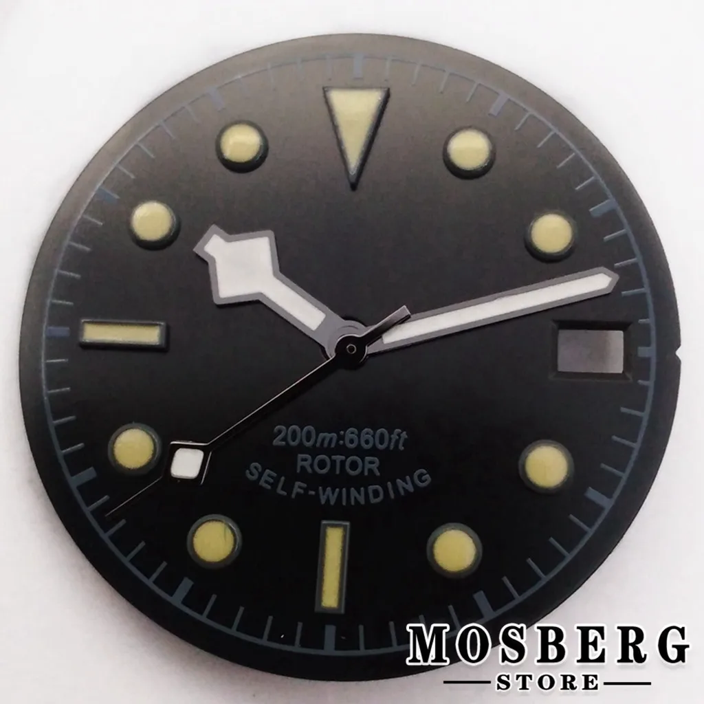 Sterile Luminous Black and Green Watch Dial with Date Window and Hands - 28.5mm