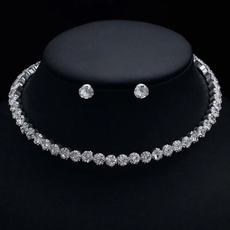 

Europe And America Fashion Luxury Elegant Single Row Rhinestone Neck Ring Necklace Ear Stud Ornament Set Bride Accessories