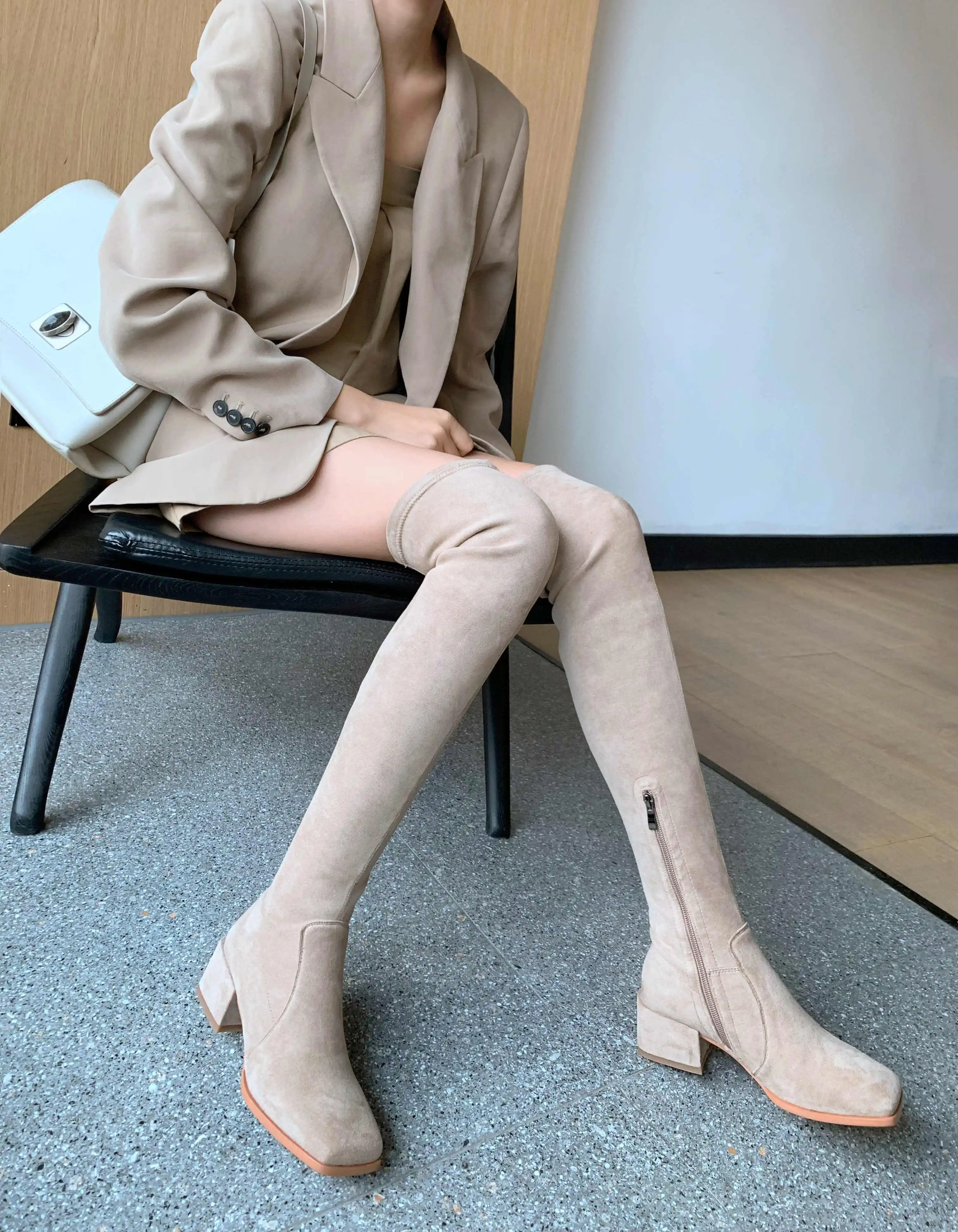 Lenkisen fashion square toe soft flock stretch boots med heels side zip winter women high street fashion thigh high boots L32