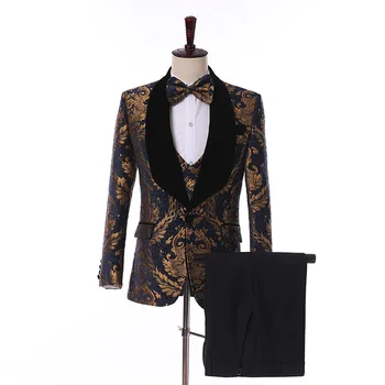 

Men's suit men's fashion printed Slim single button suit three-piece suit (jacket + pants + vest) prom banquet formal dress