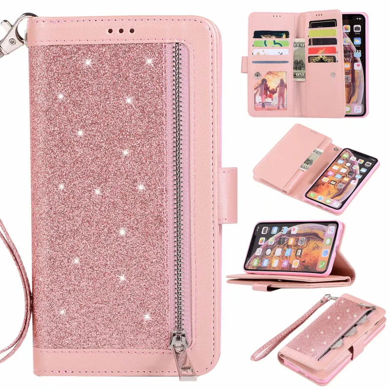 Bling Glitter Case For iPhone 6 6s Plus 7 8 11 Pro Max XR XS Wallet Leather Flip Fran-FS Cover For Samsung S8 9 10 20 Case
