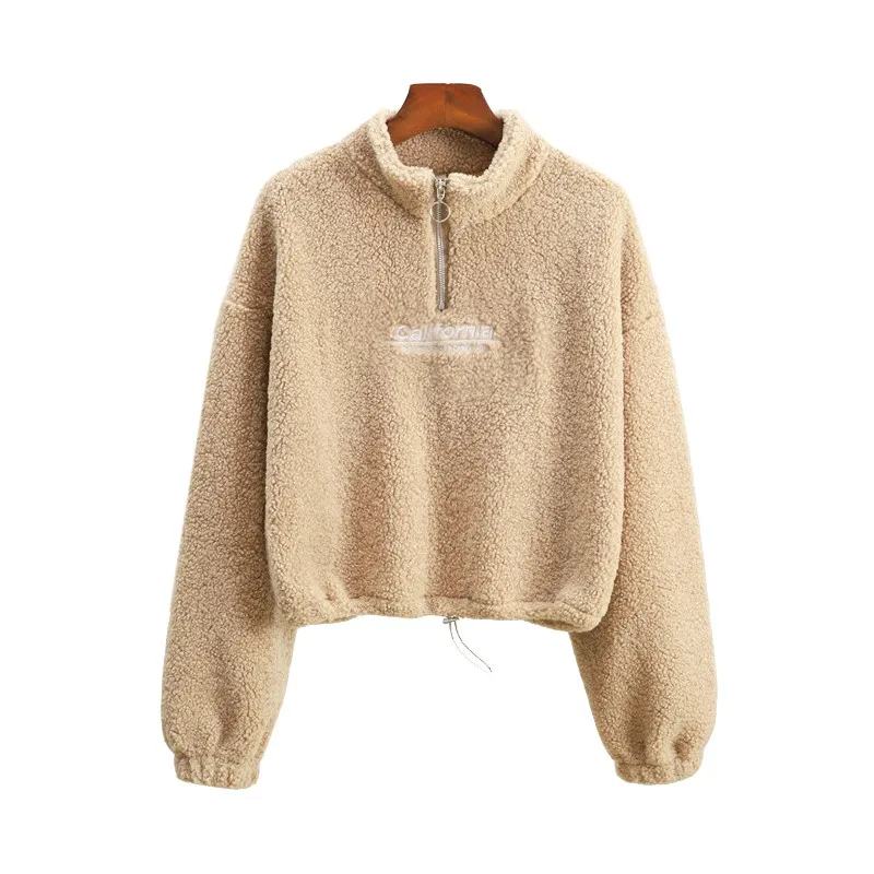 

Autumn Clothes High Street Cashmere Thick Warm Sweatshirt Women California Letter Harajuku Embroidery Short Pullover Zipper Neck