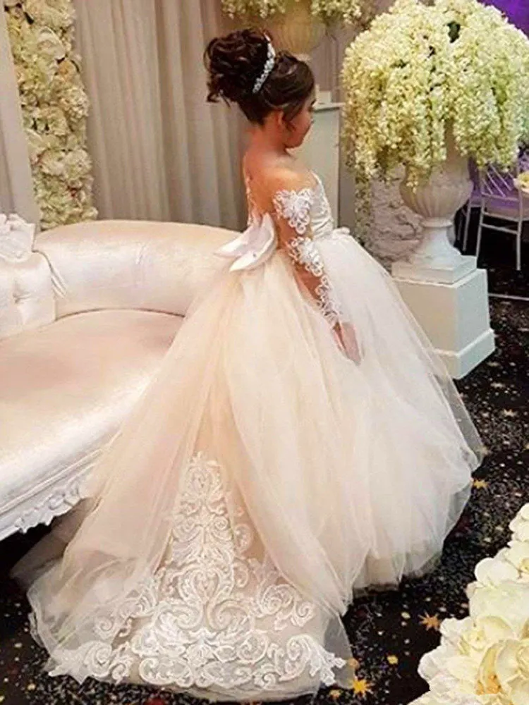 

Tulle Flower Girl Dresses With Bow Illusion Sheer Full Sleeves Pageant Dress Toddlers Lace Applique First Communion Party Gowns