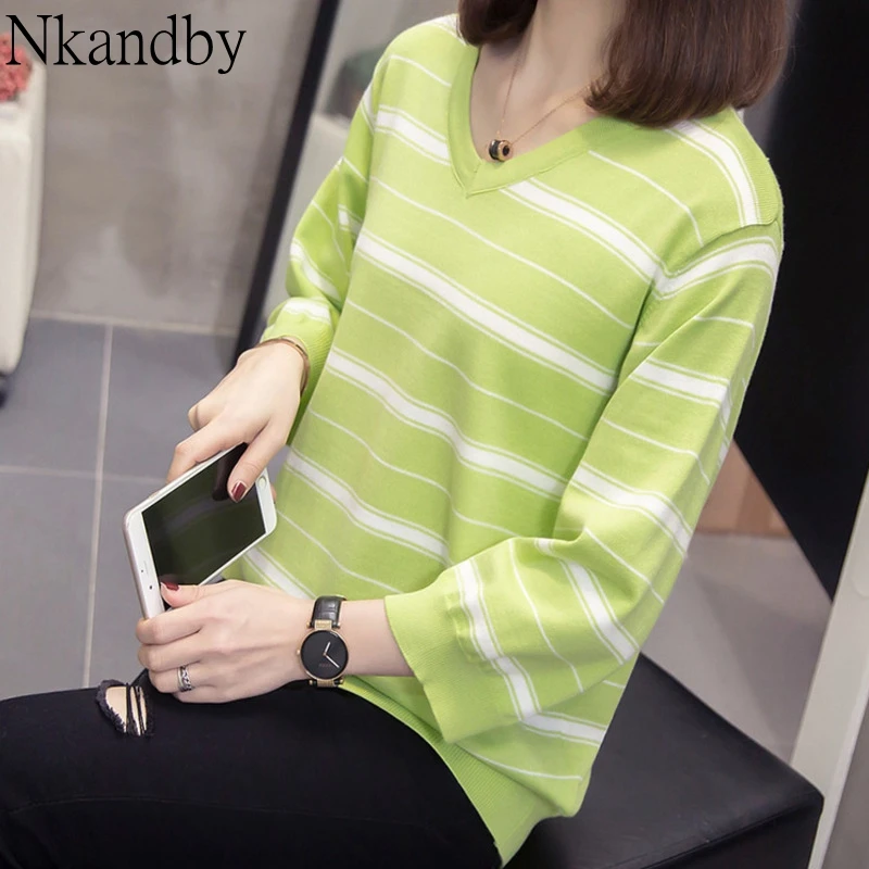 

Plus Size V Neck Knitted Tops 2020 Spring Summer Women Classic Striped T-shirts Oversize Three Quarter Sleeve Knitwear Tshirts