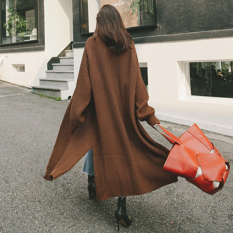 Осень женский кардиган свитер длинный рукав свободный покрой длинный вязаный корейский женский Повседневный модный открытый стежок Топы C98315D