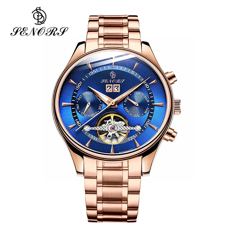 Senors Rose White Men Full-automatic Mechanical Watch Tourbillon Luxury Fashion Brand Stainless Steel Man Multifunctional Watch