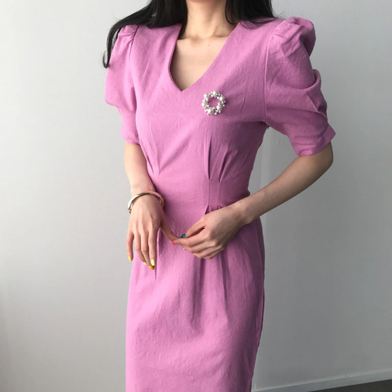 ZOSOL Women Chic Tender Violet Thin V-neck Crimp Slim Waist Long Slit Puff Sleeve Dress | Женская одежда