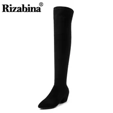 RIZABINA/женские ботфорты из натуральной кожи; теплая зимняя обувь на высоком толстом каблуке; эластичные сапоги с острым носком на молнии; размеры 34-40