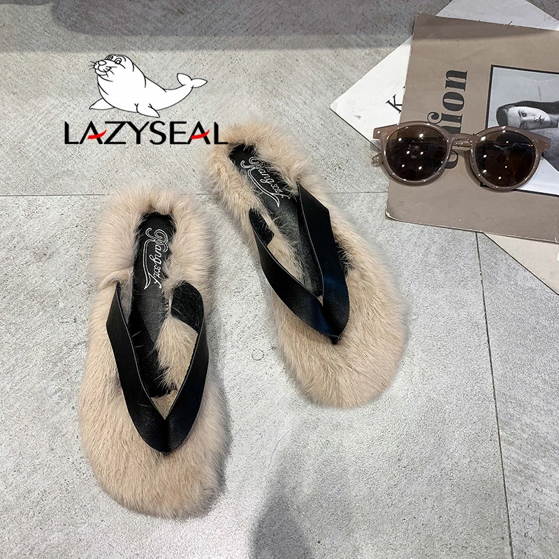 LazySeal обувь с разноцветным мехом; женские Вьетнамки; Новинка; Модные женские домашние тапочки на Плоском Каблуке; сезон осень-зима; женские шлепанцы без задника